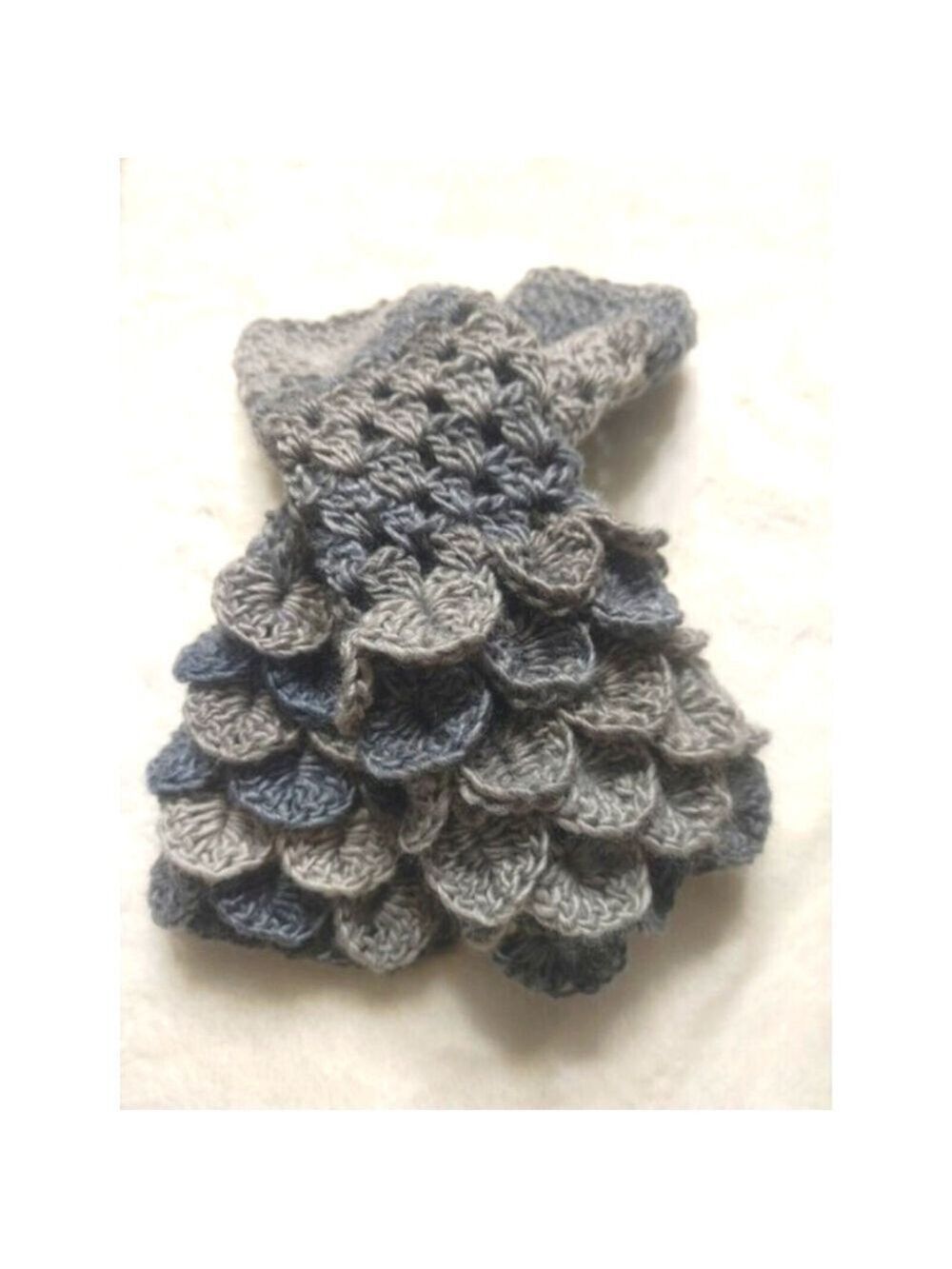 Handmade Crocheted Wool/Viscose Fingerless Dragonscale Texting Gloves-Greys/Blue